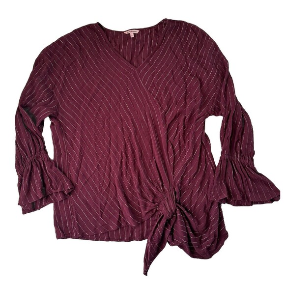 Juicy Couture Ruffle Sleeve Tie Front Top Burgundy Metallic Size Large - Picture 1 of 12
